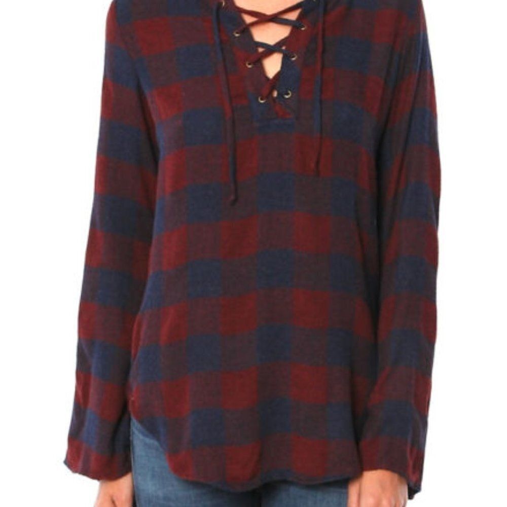 Cloth & Stone Plaid Lace Up Flannel‎ Top Small